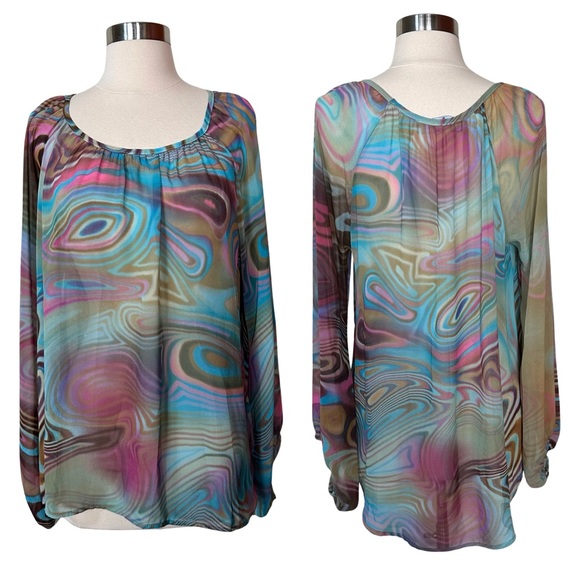 Private Gallery Trippy Colorful Rainbow Semi Sheer Scoop Neck Swirl Blouse Top M - Picture 1 of 8